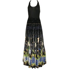 1970s Black Halter Floral Print Maxi Dress
