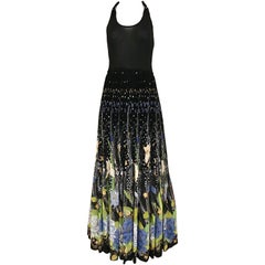 1970s Black Halter Floral Print Maxi Dress 