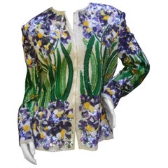Exquisite Silk Glass Beaded Floral Evening Jacket for Saks Fifth Avenue c 1980
