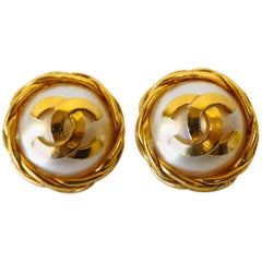 1990s Chanel Pearl Button Logo Earrings