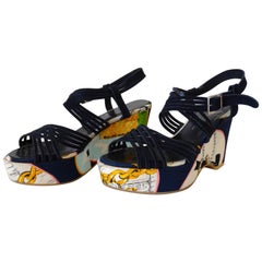 1990 Chanel Parisian Printed Strappy Wedges 