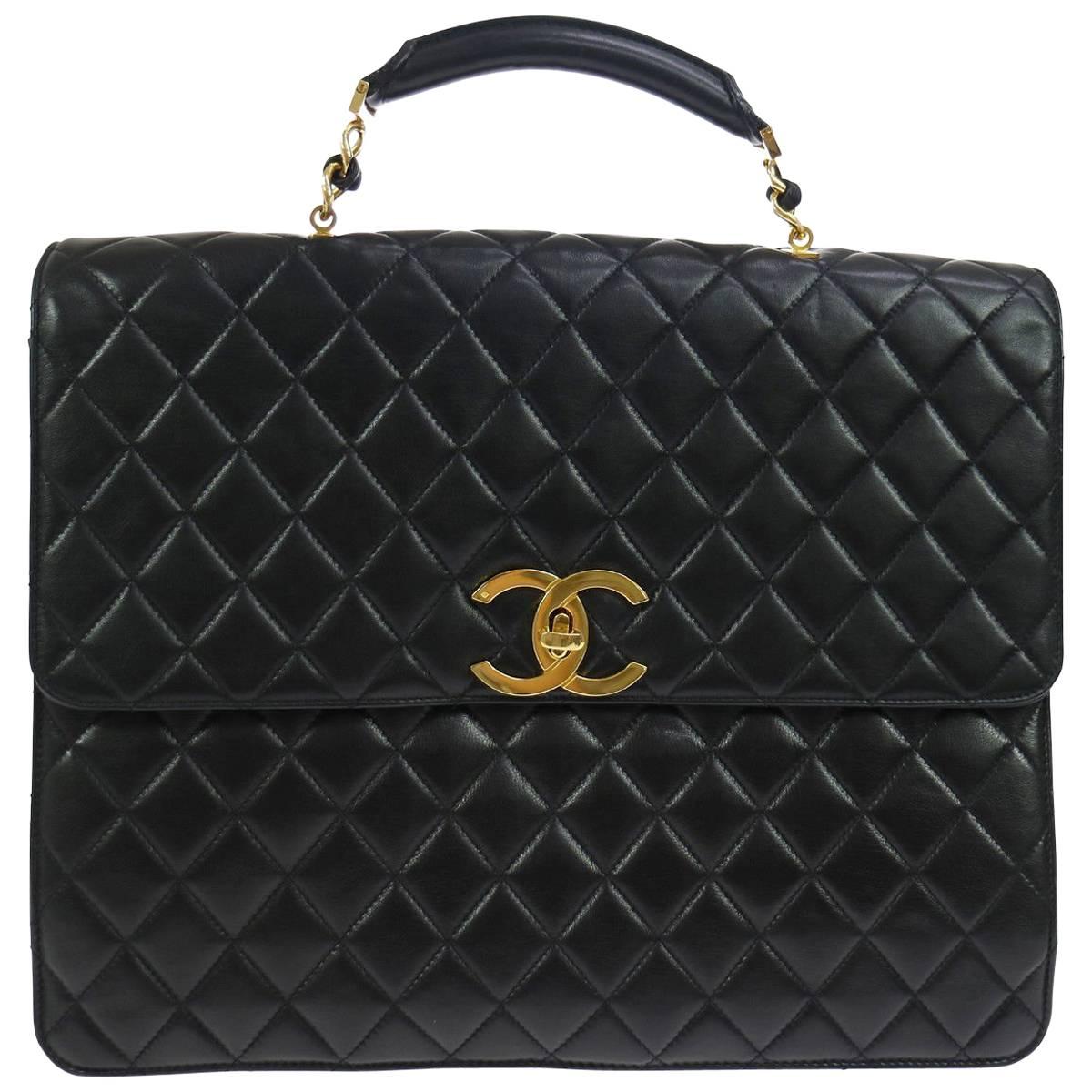 Chanel Black Lamb Travel Top Handle Satchel Briefcase Bag