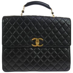 Vintage Chanel Black Lamb Travel Top Handle Satchel Briefcase Bag