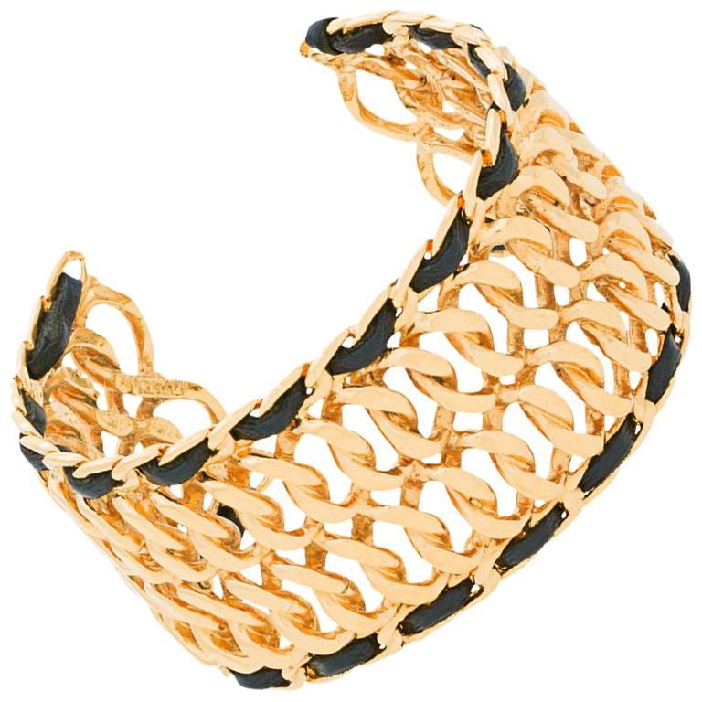 Chanel New Gold Chain Leather Evening Bangle Bracelet Cuff with Box