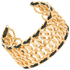 Vintage Chanel New Gold Chain Leather Evening Bangle Bracelet Cuff with Box