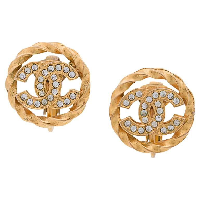 Chanel Gold Chain Braid Rhinestone Stud Evening Earrings with Box