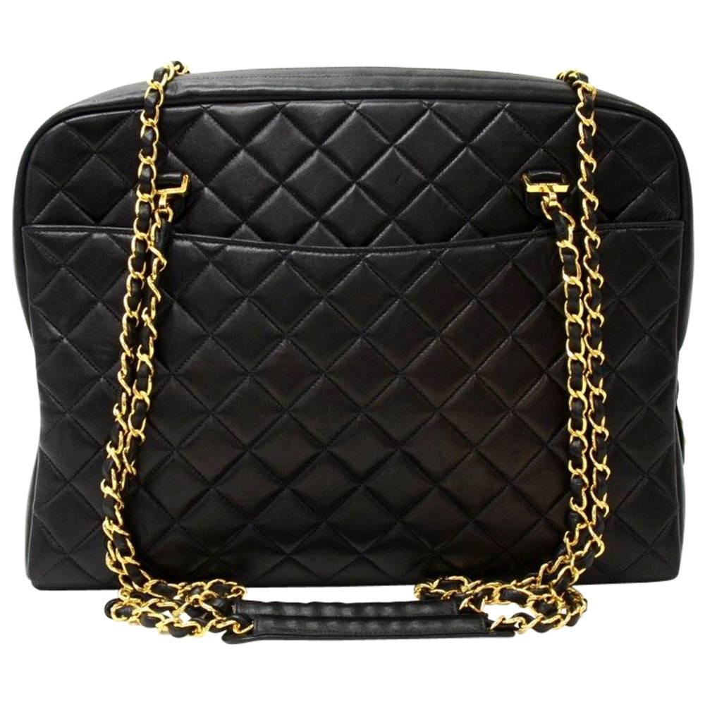Chanel 14" Black Quilted Lambskin Leather XL Tote Shoulder Bag
