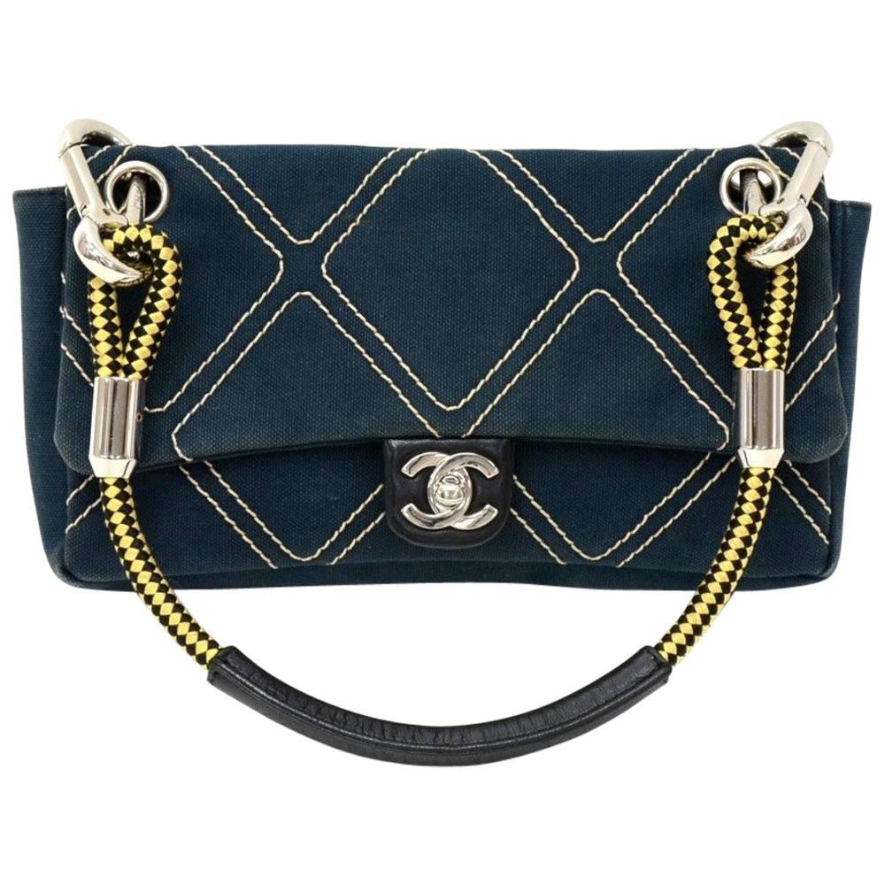 Chanel Navy Quilted Canvas No.5 Charm Flap Mini Hand Bag