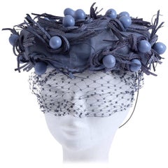 1960s BALENCIAGA Haute Couture Gray Embroidery Fascinator Pillbox Hat