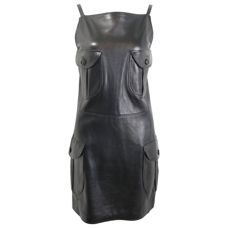 versace leather strap dress Versace Runway Strapless Draped Black Leather Dress Size 40 For Sale at  1stDibs
