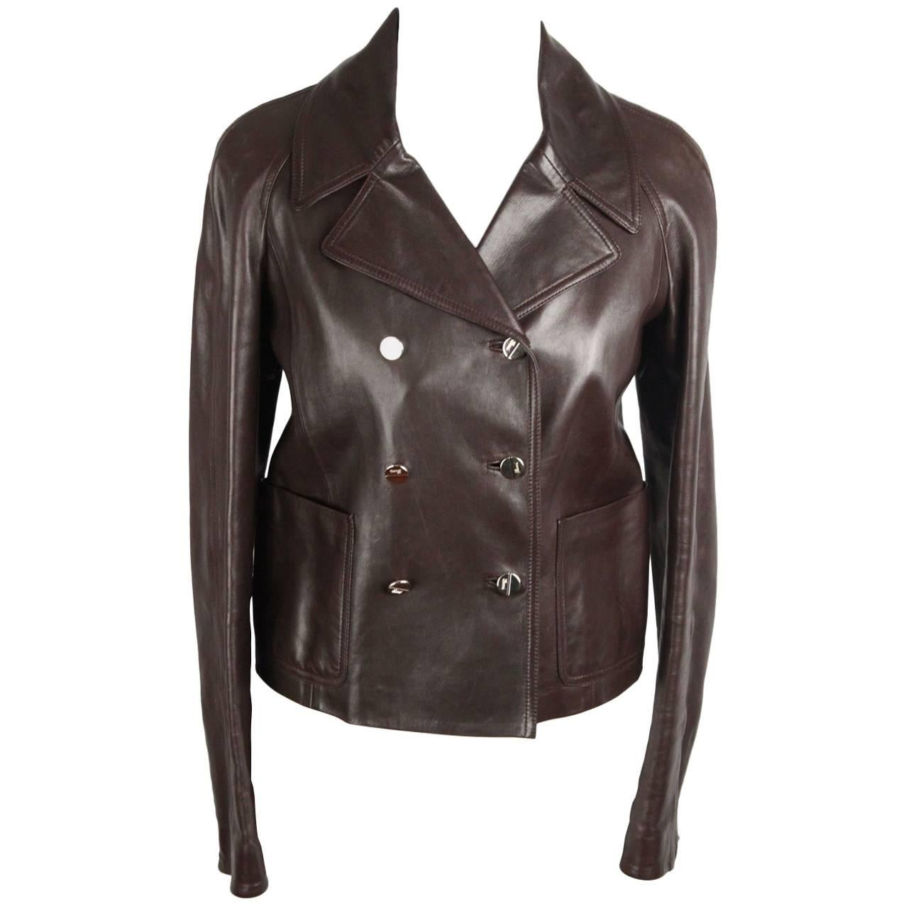 GUCCI Brown Leather DOUBLE BREASTED JACKET Size 40