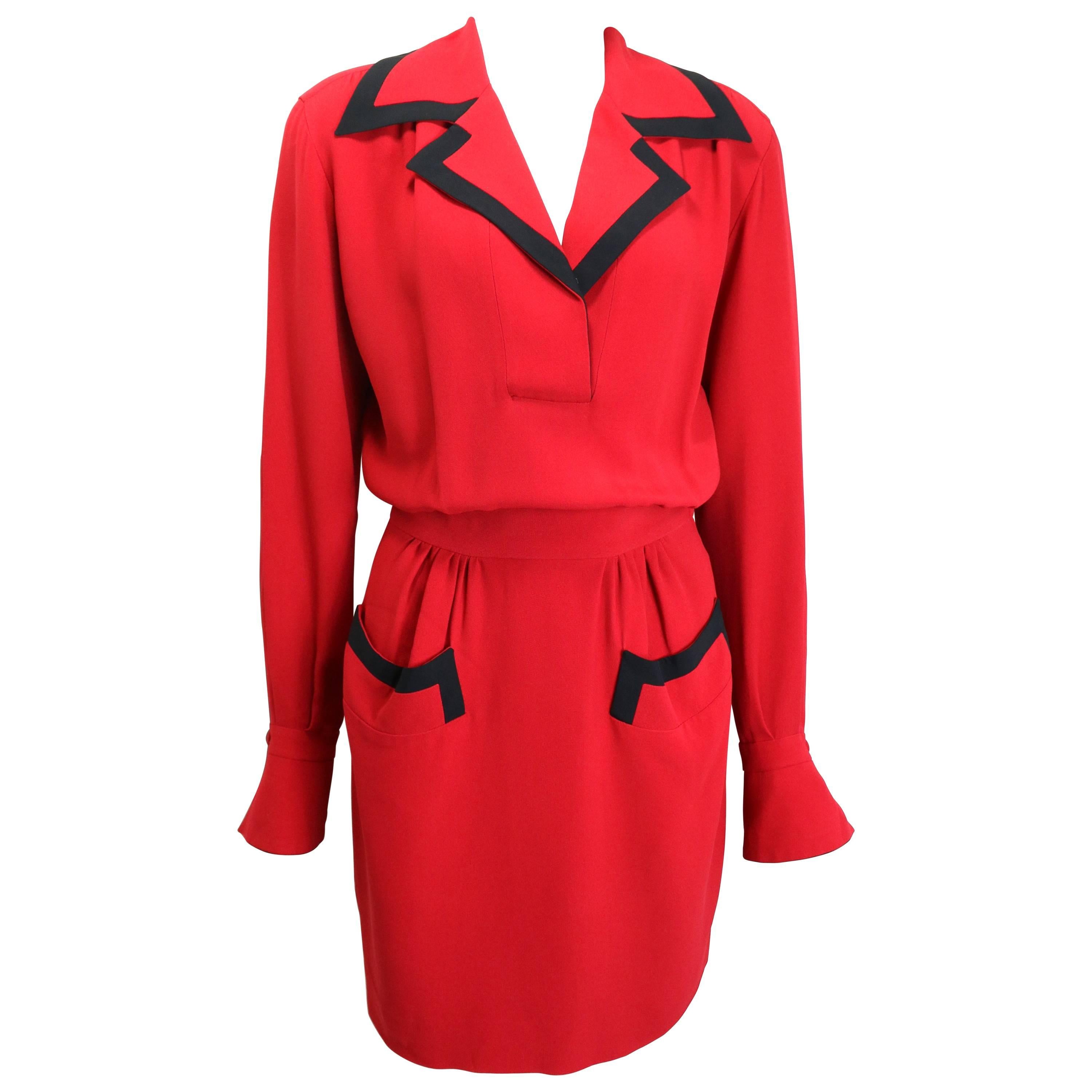 90s Moschino Couture Red Piping Black Trim Long Sleeves Dress