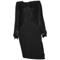 Bob Mackie 1980s Black Wool Crepe with Silver Metallic Lame Evening Dress Size 8