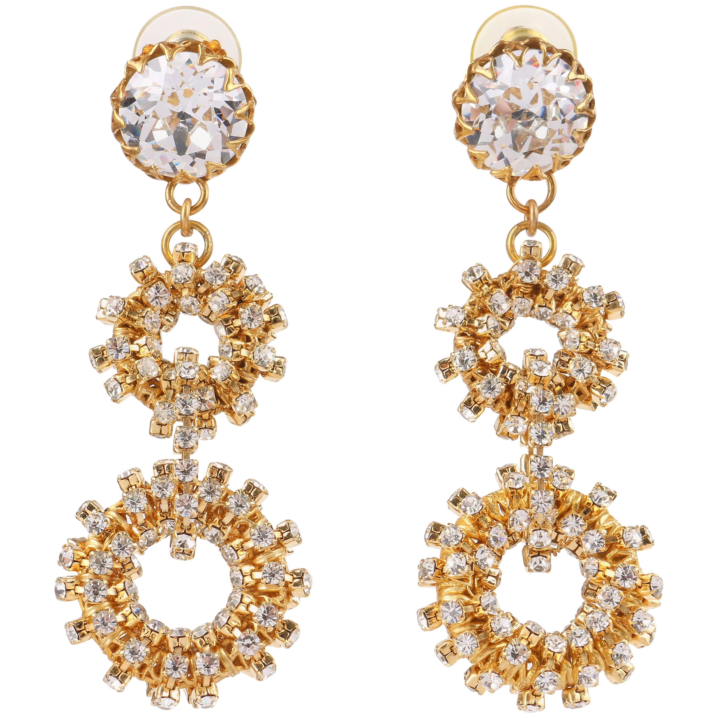 c.1960's Large Gold Crystal Rhinestone Double Hoop Dangle Statement Earrings