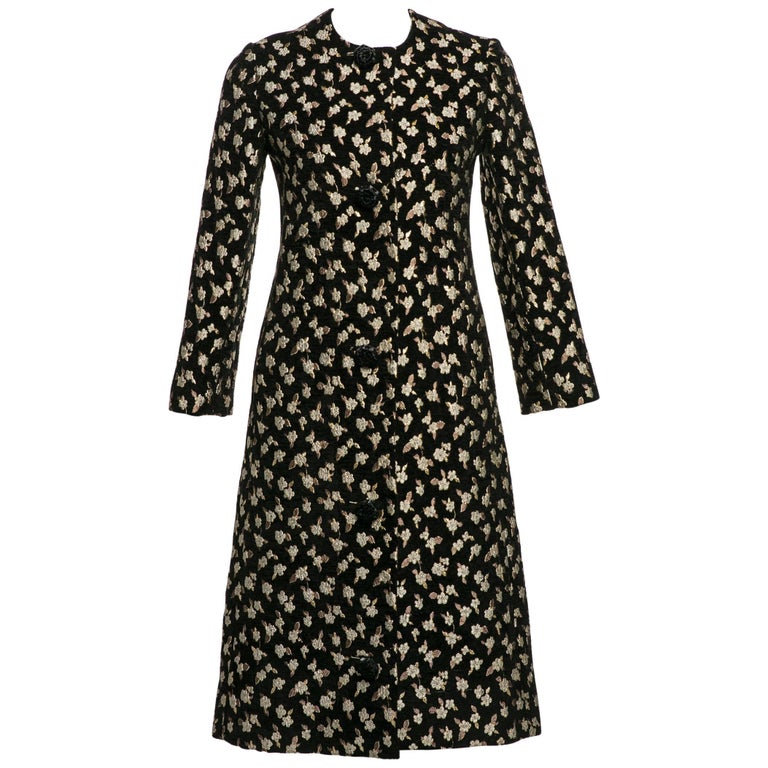 1960's Pauline Trigere Black Chenille Metallic Floral Brocade Tailored ...