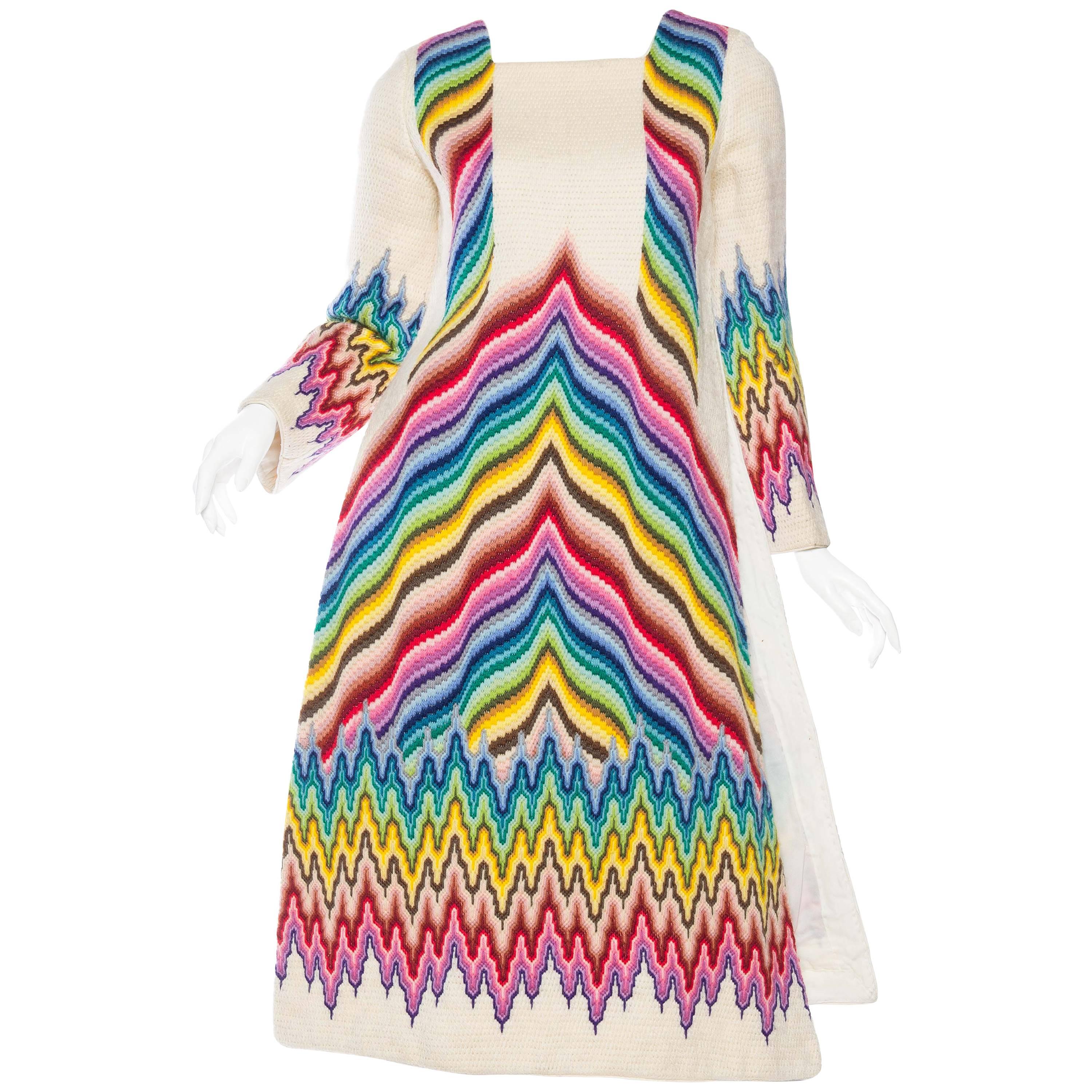 1960S Wool Fully Embroidered Psychedelic Berlinwork Show Piece Dress