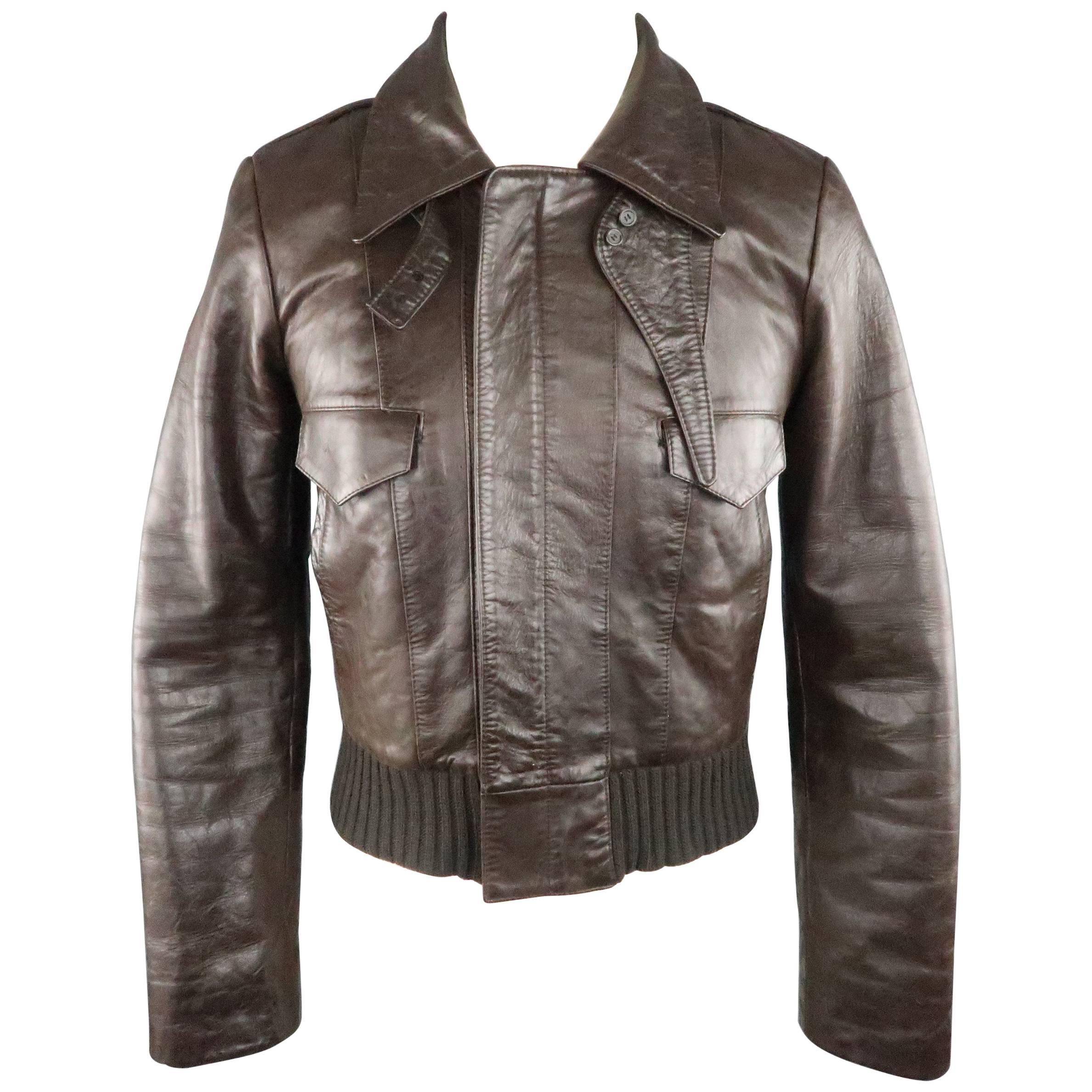 BALENCIAGA 38 Brown Leather Collared Cropped Bomber Jacket