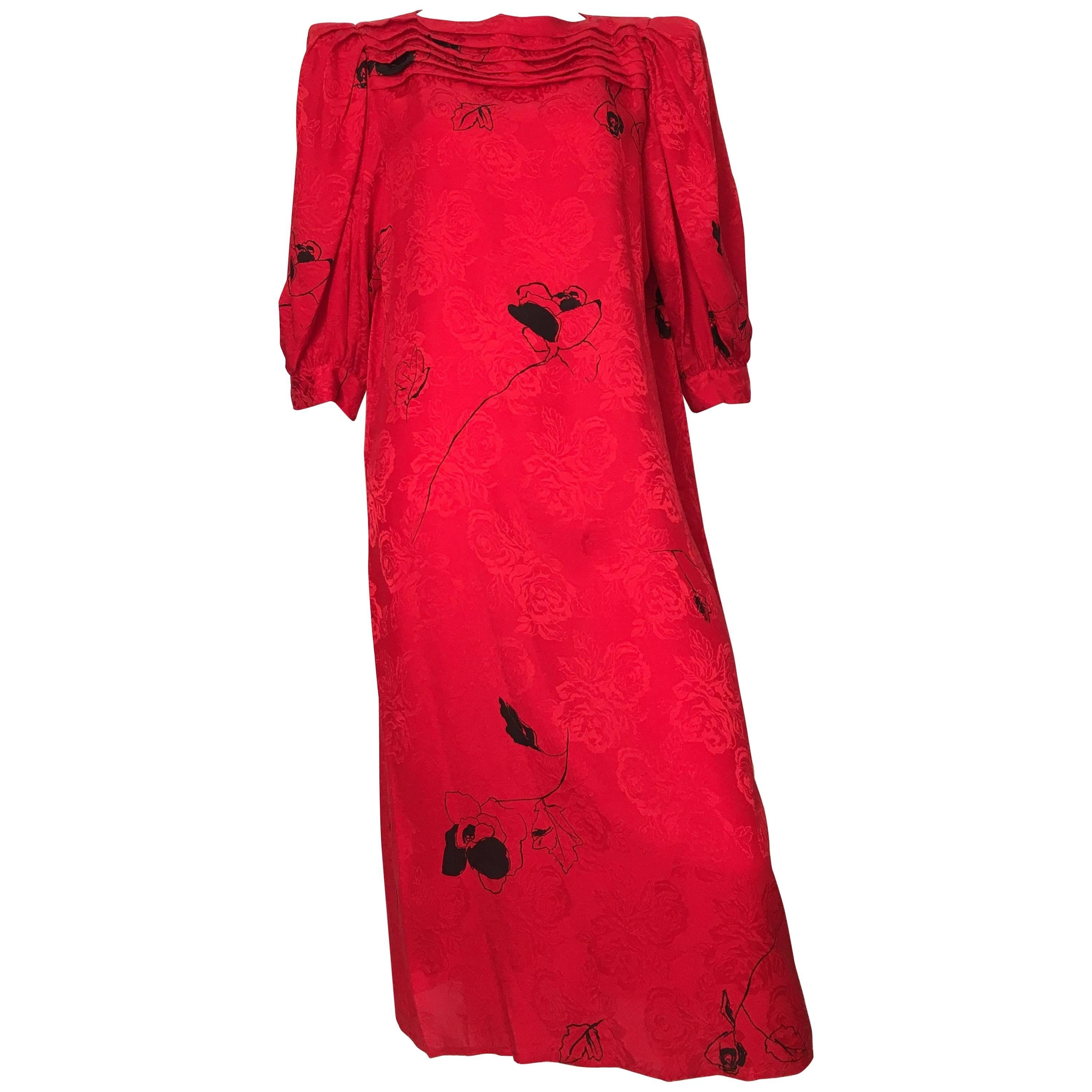 Flora Kung Special Edition 1980s Red Silk Floral Dress Size 8. For Sale