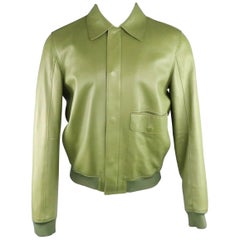 Men's 3.1 PHILLIP LIM 40 Green Leather Hidden Placket Collared Bomber Jacket