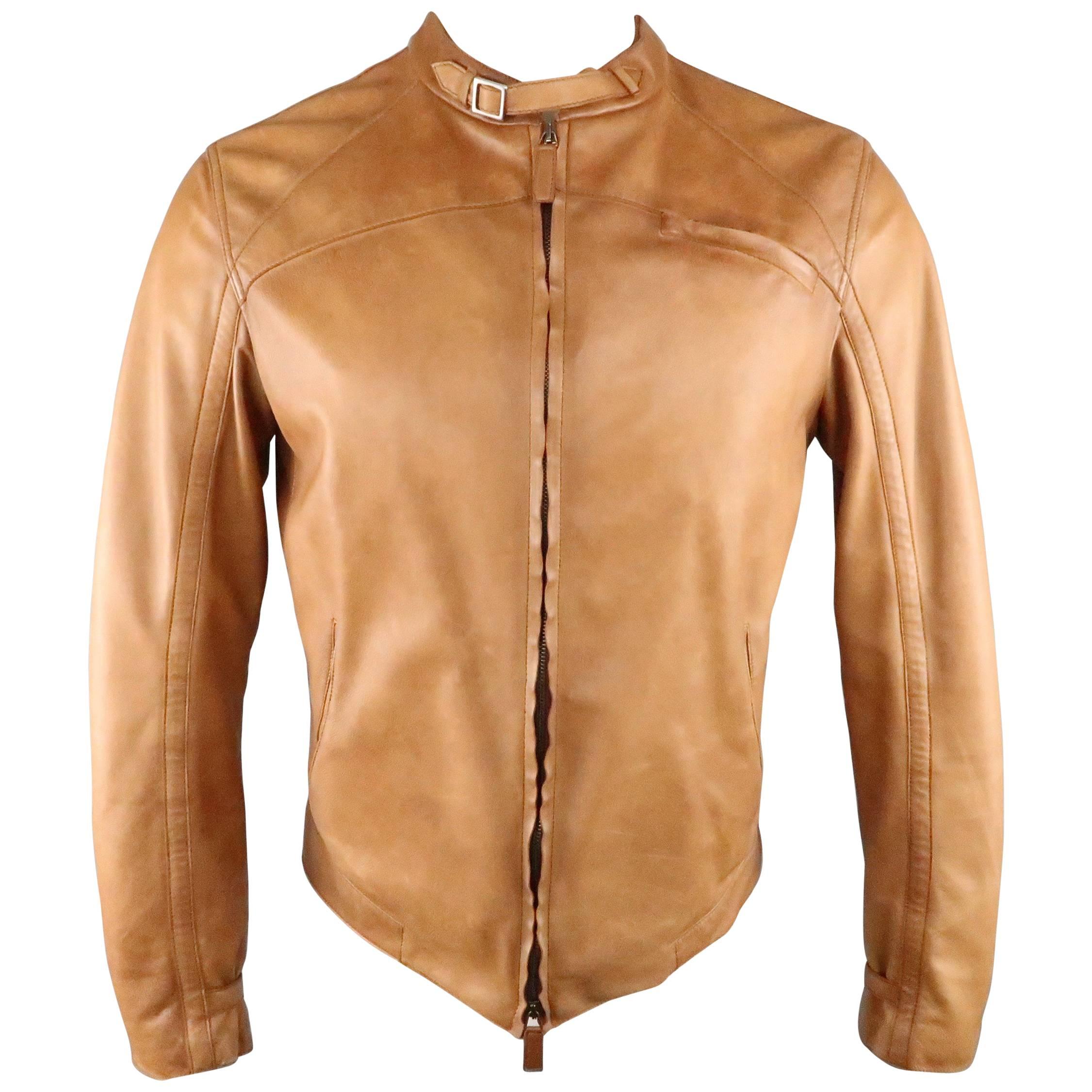 Men's EMPORIO ARMANI 40 Tan Distressed Leathe Belted Collar Motorcycle Jacket