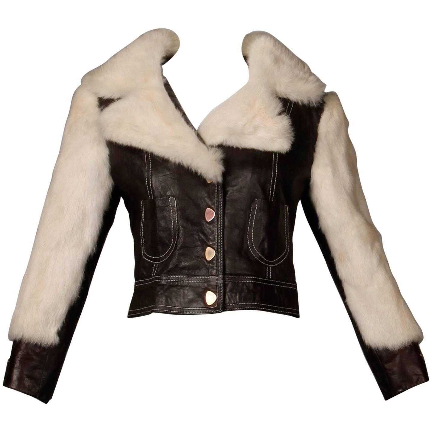 1970s Vintage Brown Leather Jacket with White Rabbit Fur