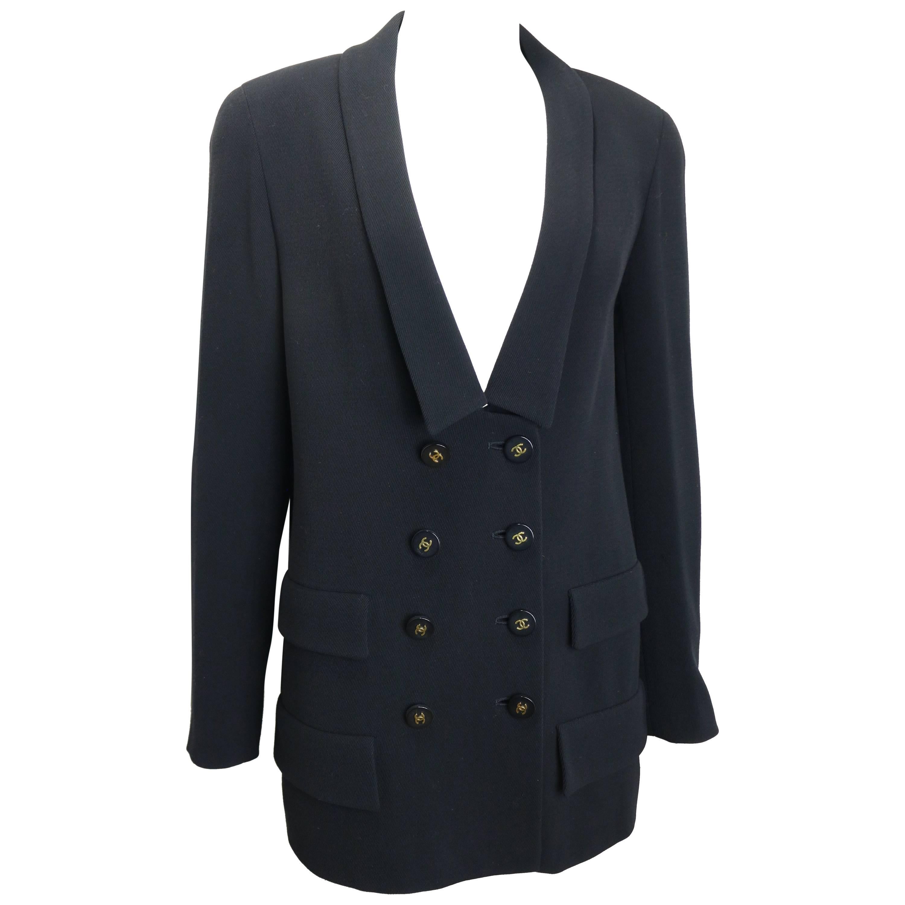 Chanel Black Wool Shawl Neck Double Breasted Jacket