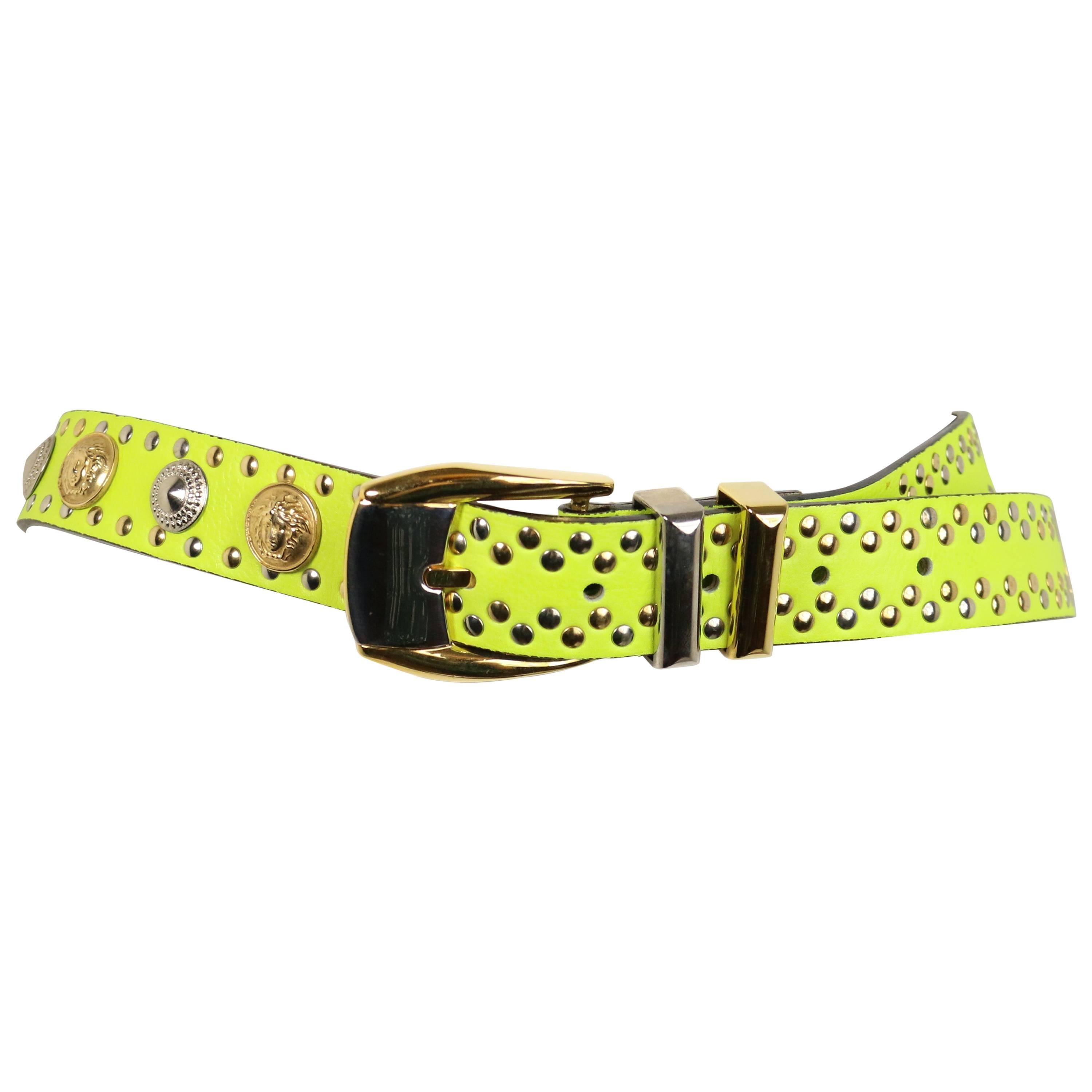 90s Gianni Versace Neon Green/Yellow Lambskin Leather Studs Belt  For Sale