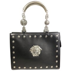 Gianni Versace Couture Black Leather Embedded Silver Medusa Handbag