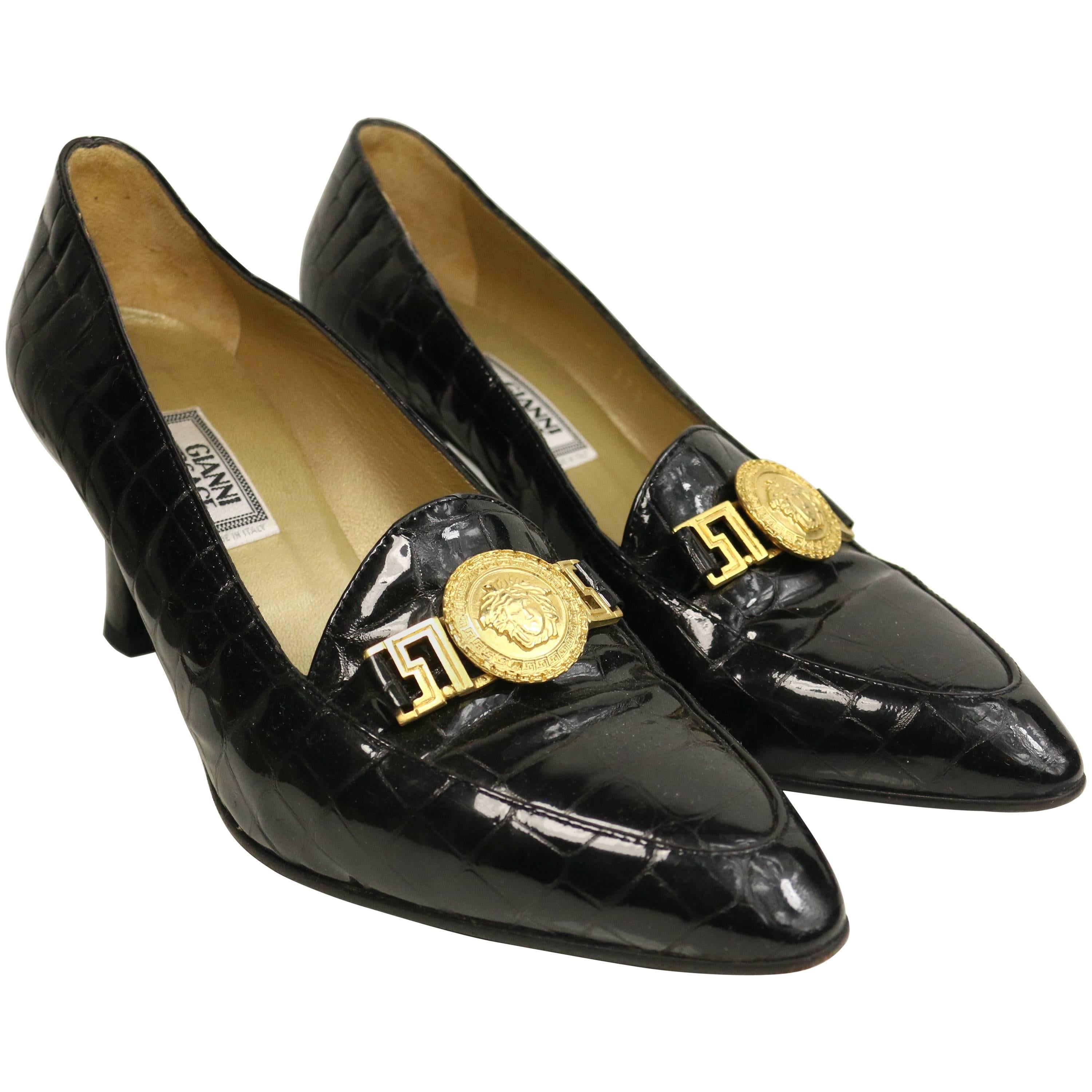 Vintage 90s Gianni Versace Black Croc Patent Leather Pointy Heels For Sale  at 1stDibs | vintage versace heels, versace heels vintage, gianni versace  heels