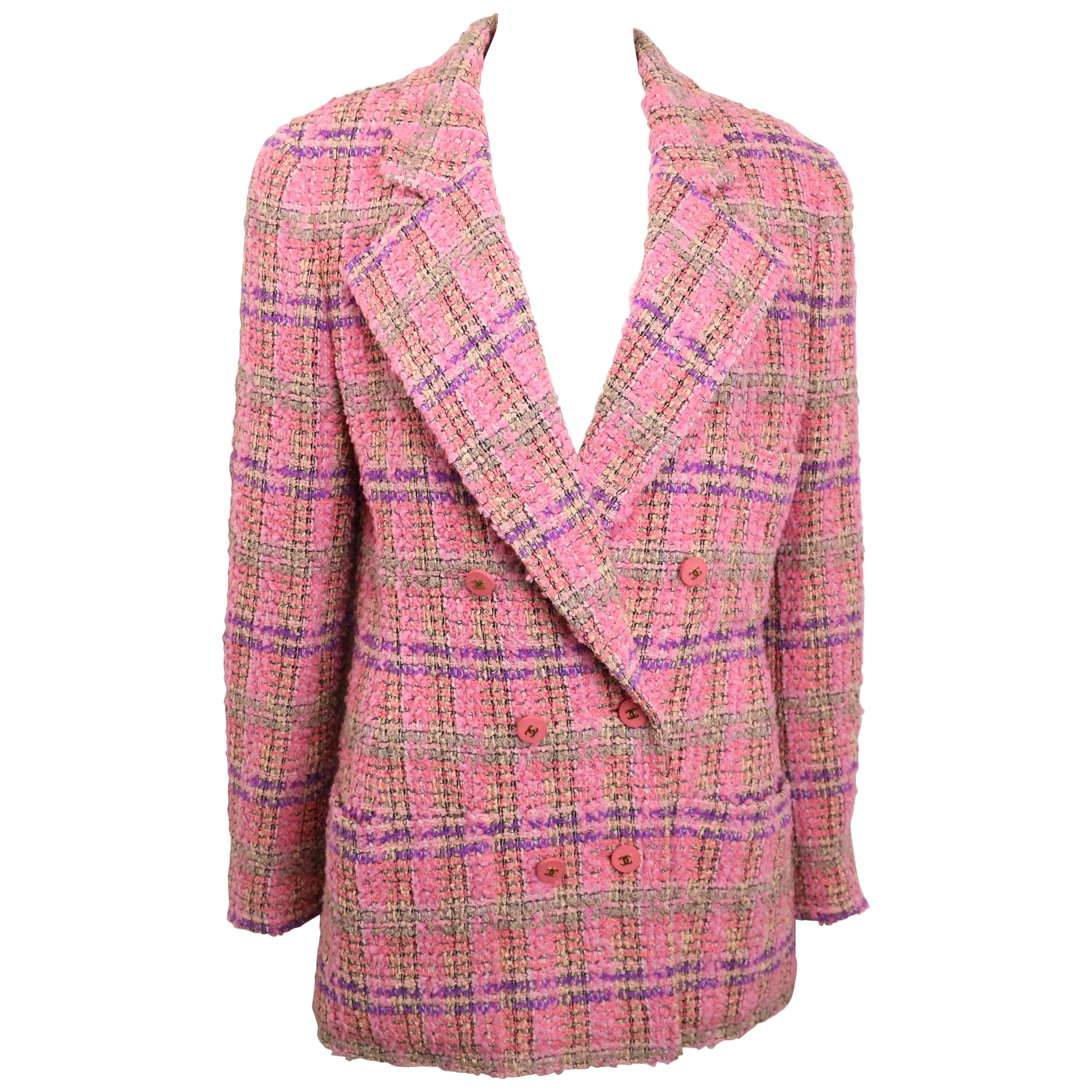 94 Chanel Pink Wool Multi Coloured Check Pattern Tweed Double Breasted  Jacket