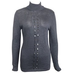 Retro Claude Montana Black Wool Patent Leather Trim High Neck Pullover Sweater