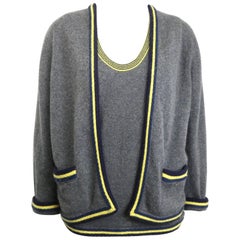 Chanel Grey Cashmere with Piping Trim Twin Set 
