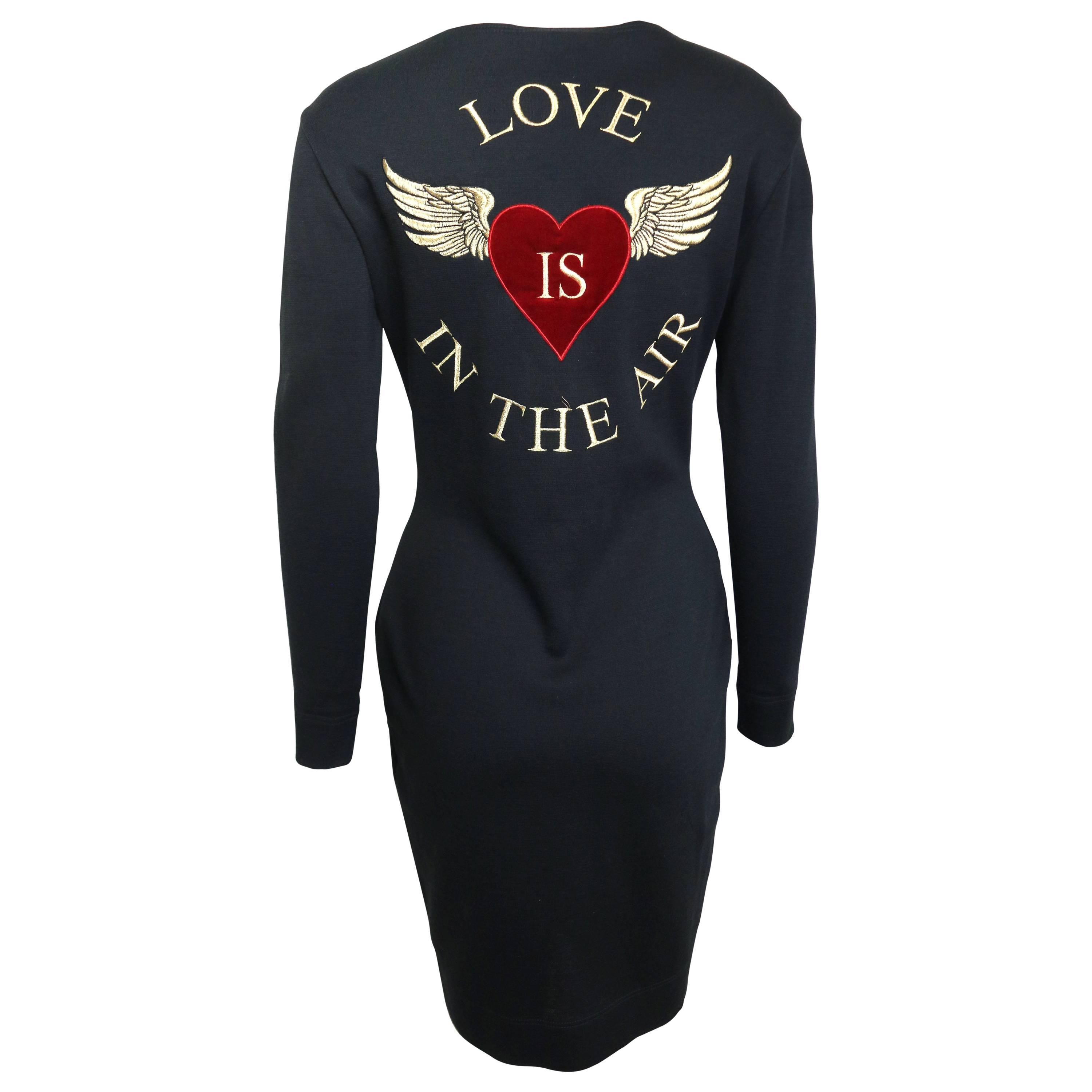 Vintage 90s Moschino Black Wool "LOVE IS IN THE AIR" Dress For Sale