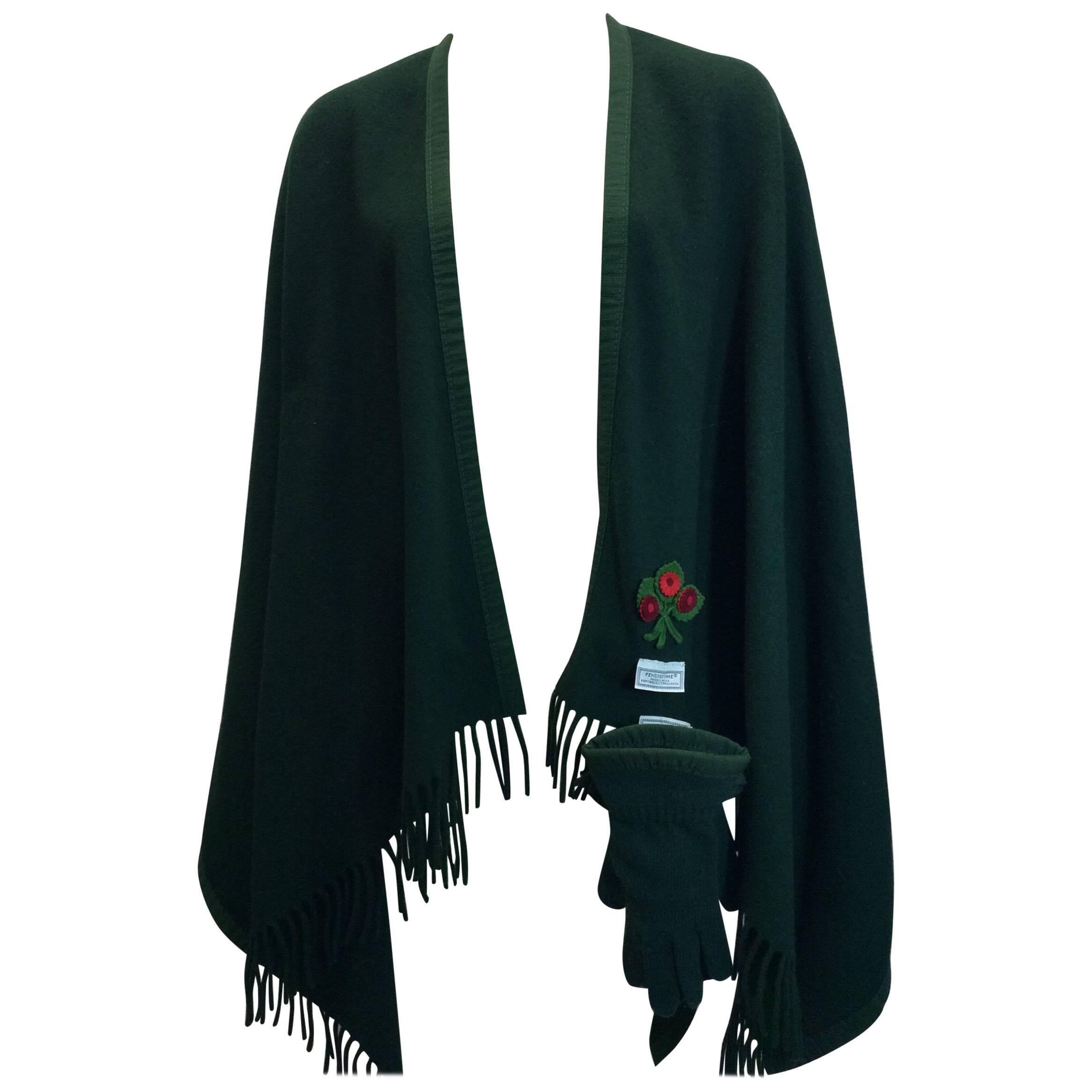 Fendi Evergreen Wool Fringe Cape With Gloves For Sale