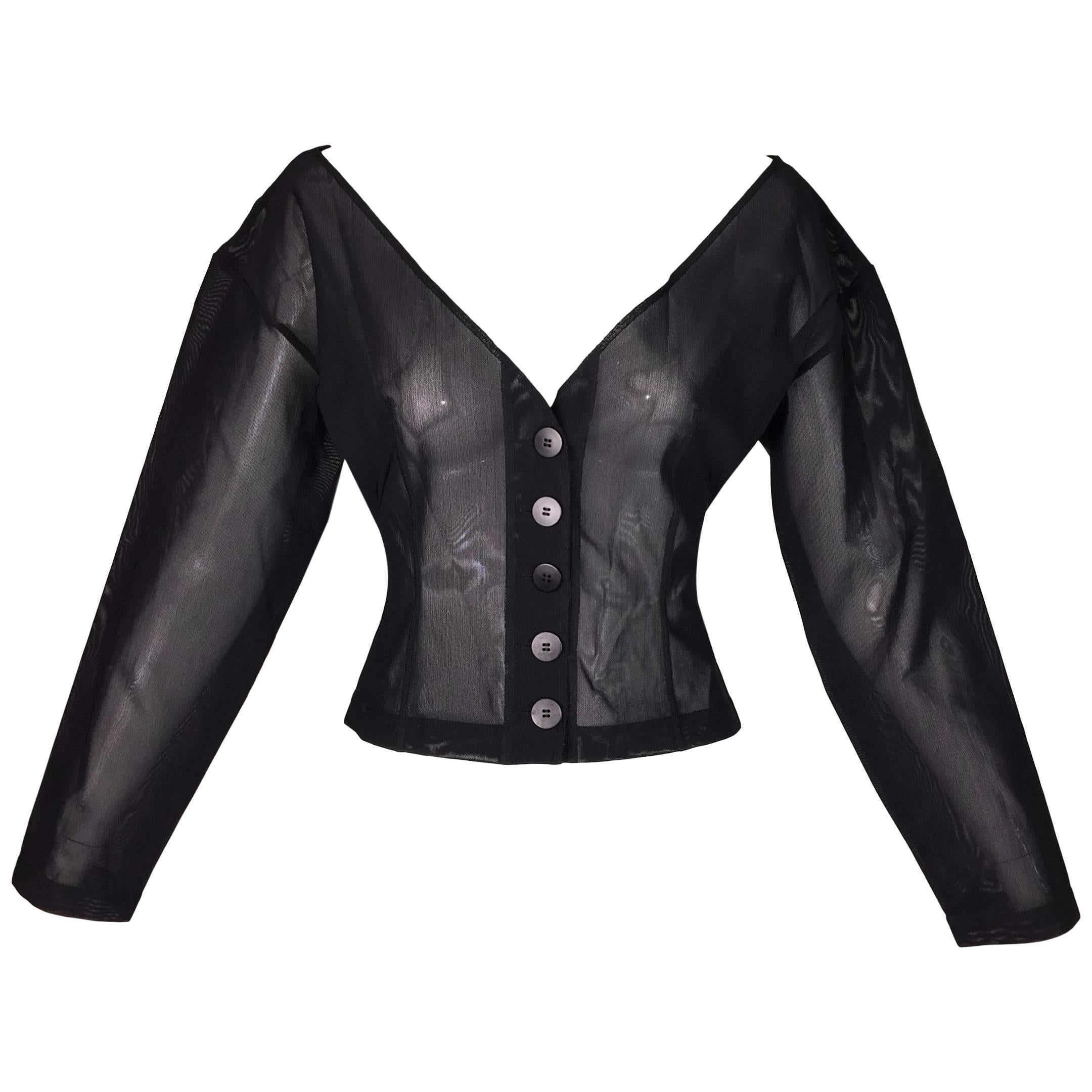 1995 Dolce & Gabbana Sheer Black Mesh Off Shoulder Wasp Waist Jacket