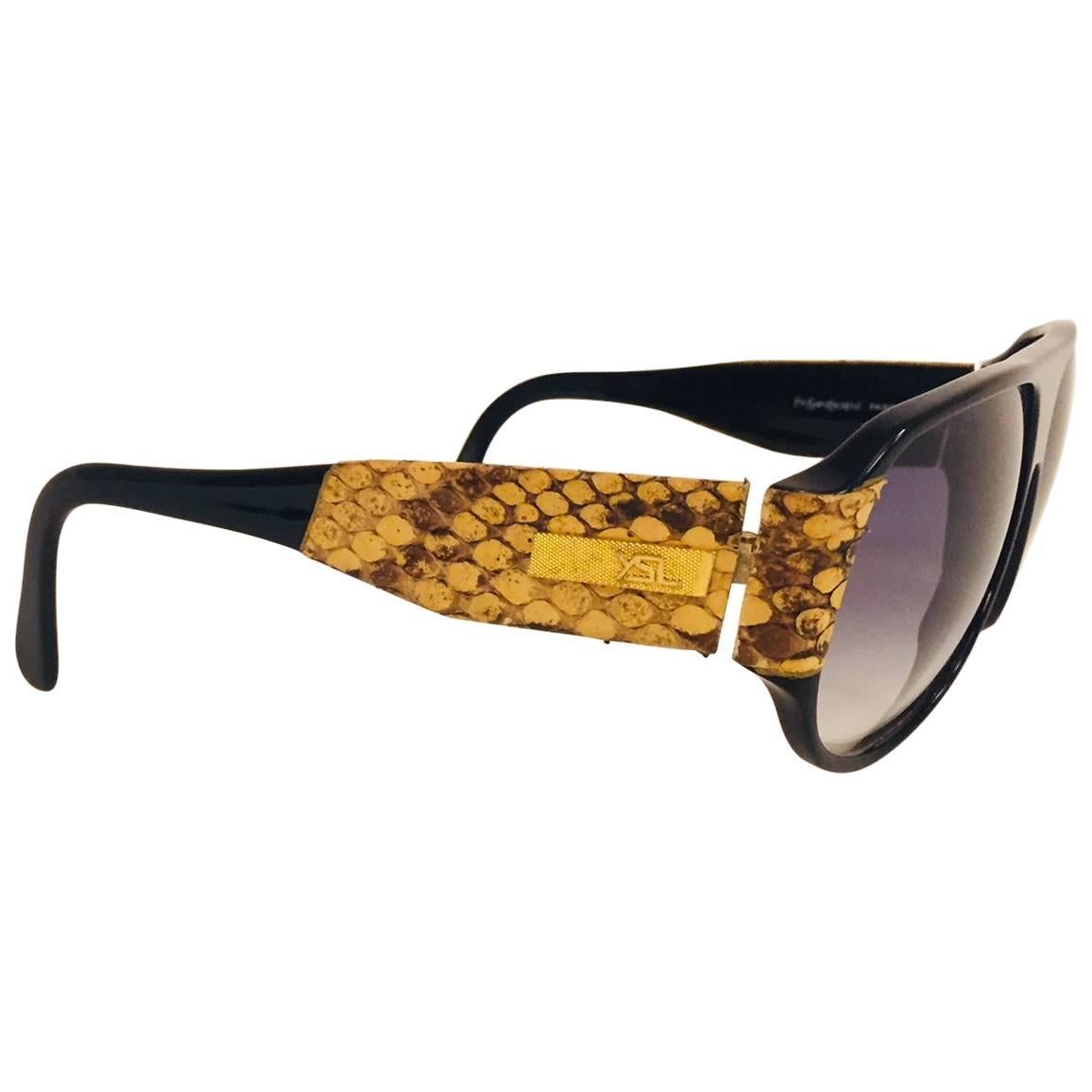 Vintage YSL Black Sunglasses With Brown and Beige Python Accents  For Sale