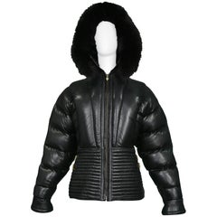 Gianni Versace Vintage Black Leather Puffer Coat with Fur Hood Runway, 1992