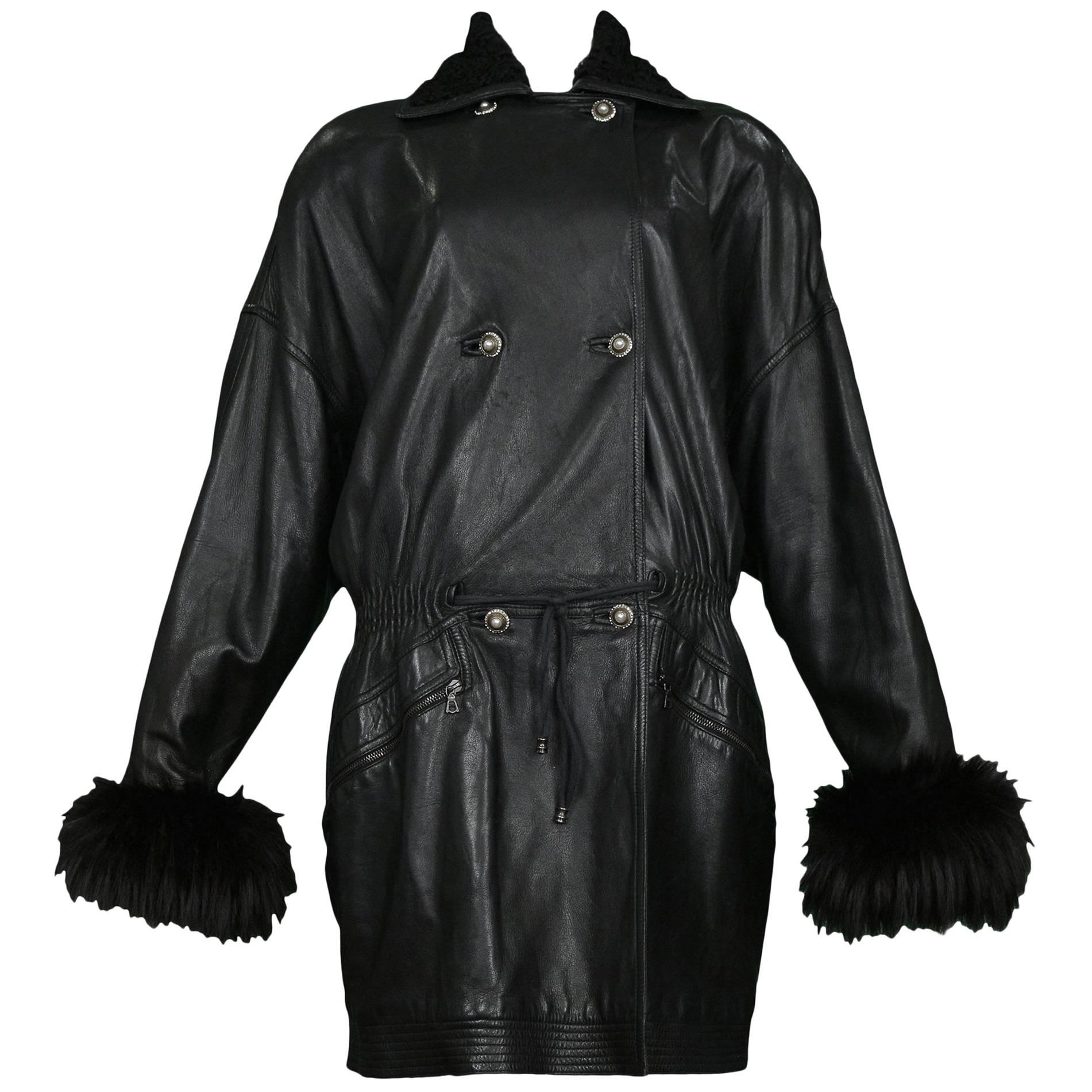 Vintage Gianni Versace Black Leather Parka Coat with Fur Cuffs & Collar For Sale
