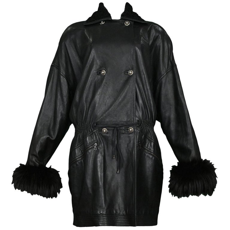 Vintage Gianni Versace Black Leather Parka Coat with Fur Cuffs and 