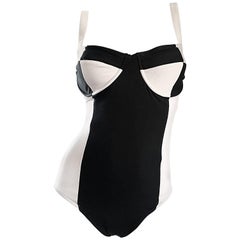 Vintage BIll Blass Black and White Avant Garde 1990s One Piece Swimsuit Bodysuit