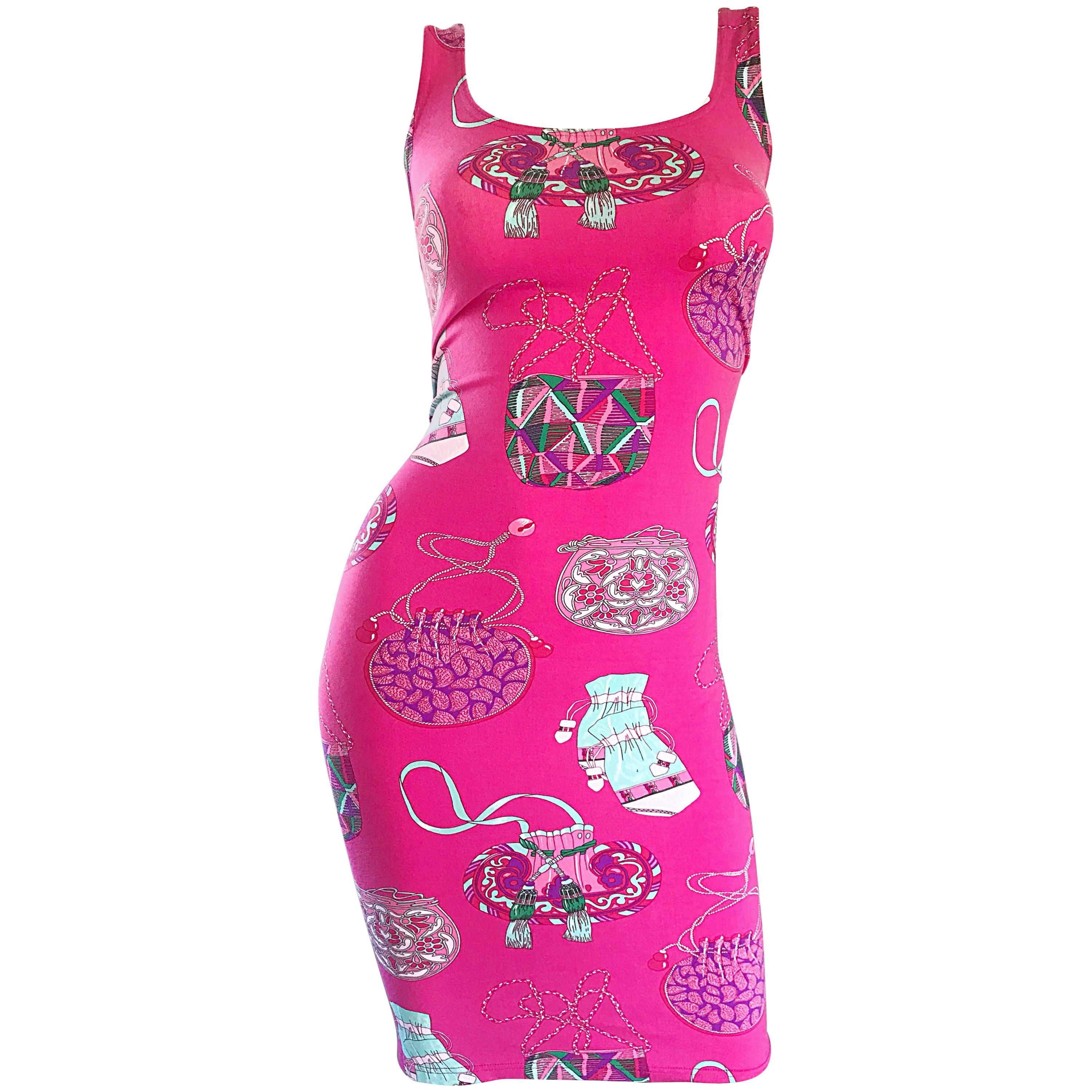 New Manuel Canovas 1990s Hot Pink Purse Handbag Novelty Print 90s Bodycon Dress