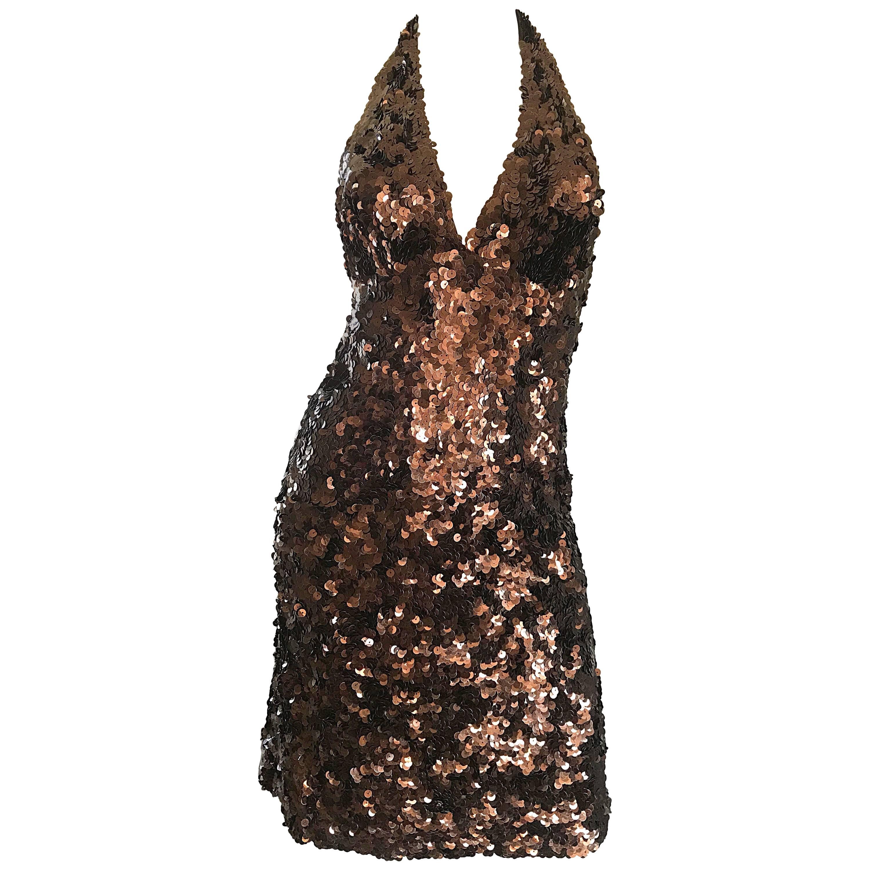 Mikael Aghal Chocolate Brown Sequin Stretch Jersey Sexy Halter Cocktail Dress