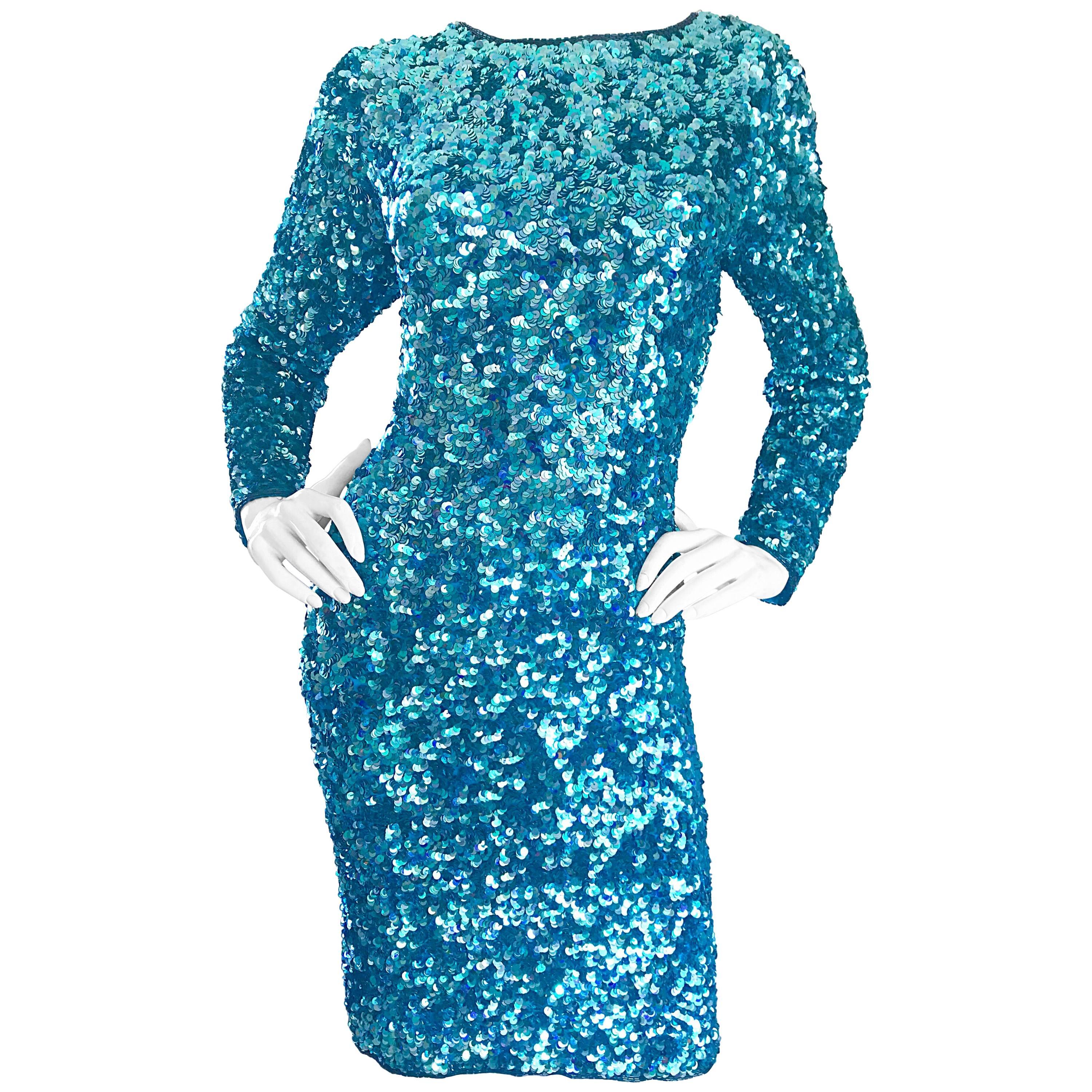 Gorgeous Size 12 - 14 Vintage Turquoise Blue Long Sleeve 90s Fully Sequin Dress