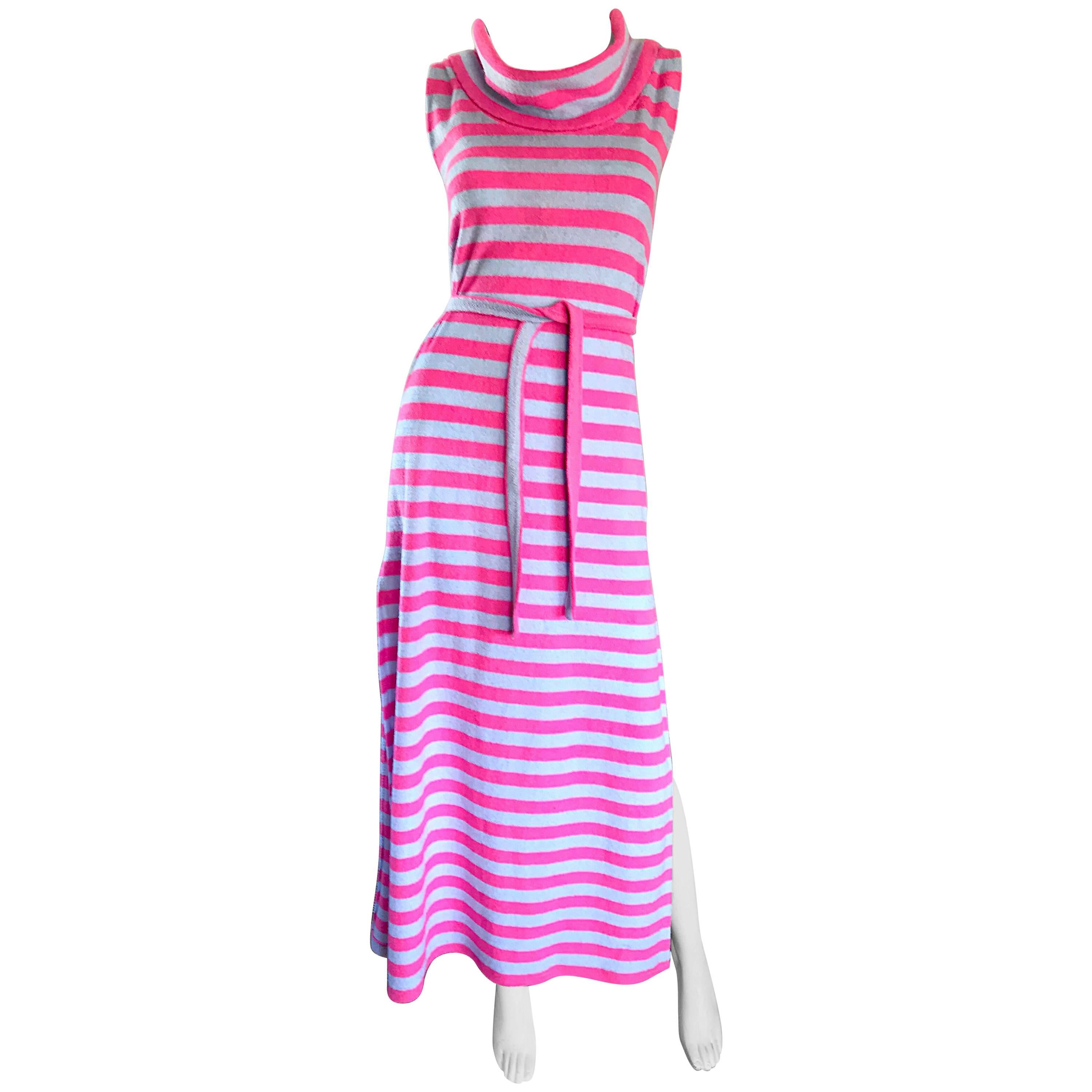 1970s Pierre Cardin Hot Pink Blue Striped Terry Cloth Belted Vintage Maxi Dress