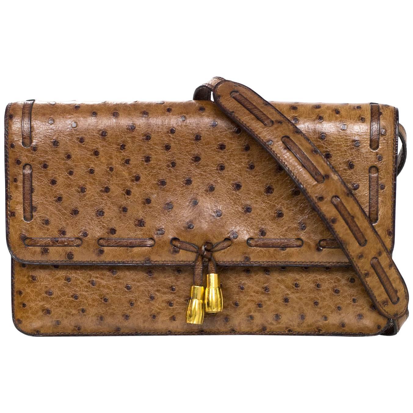 Hermes Vintage Brown Ostrich Clutch/Shoulder Bag w. Tassel Detail