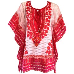 biba 1970 Rose chaud + Orange + Rouge Caftan Ethnique Boho en coton Top Tunique Vintage