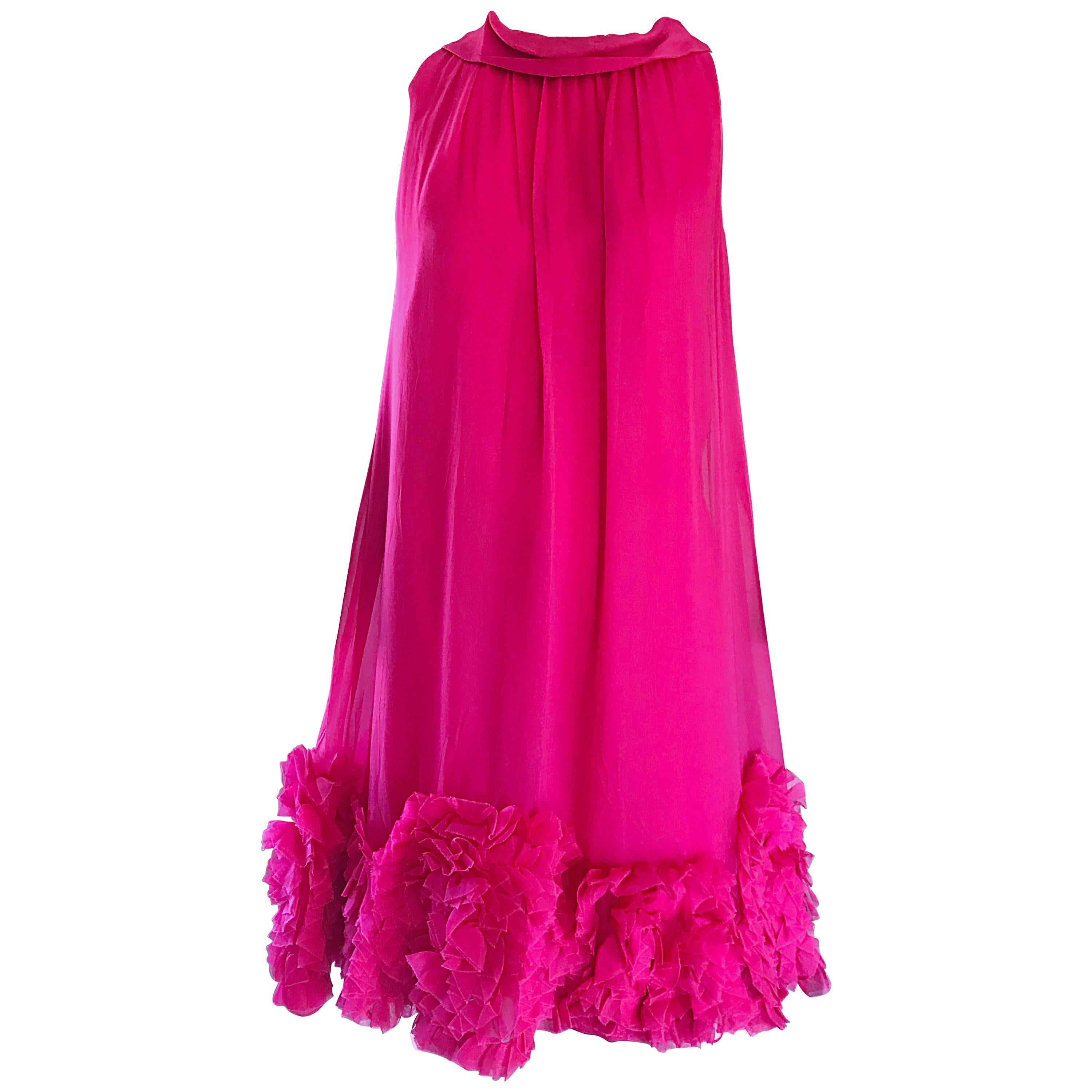1960s Demi Couture Hot Pink Silk Chiffon Trapeze Empire Waist Babydoll Dress