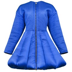 Superb Vintage Gianni Versace Blue Satin Quilted Coat Runway 1992 Museum Caliber