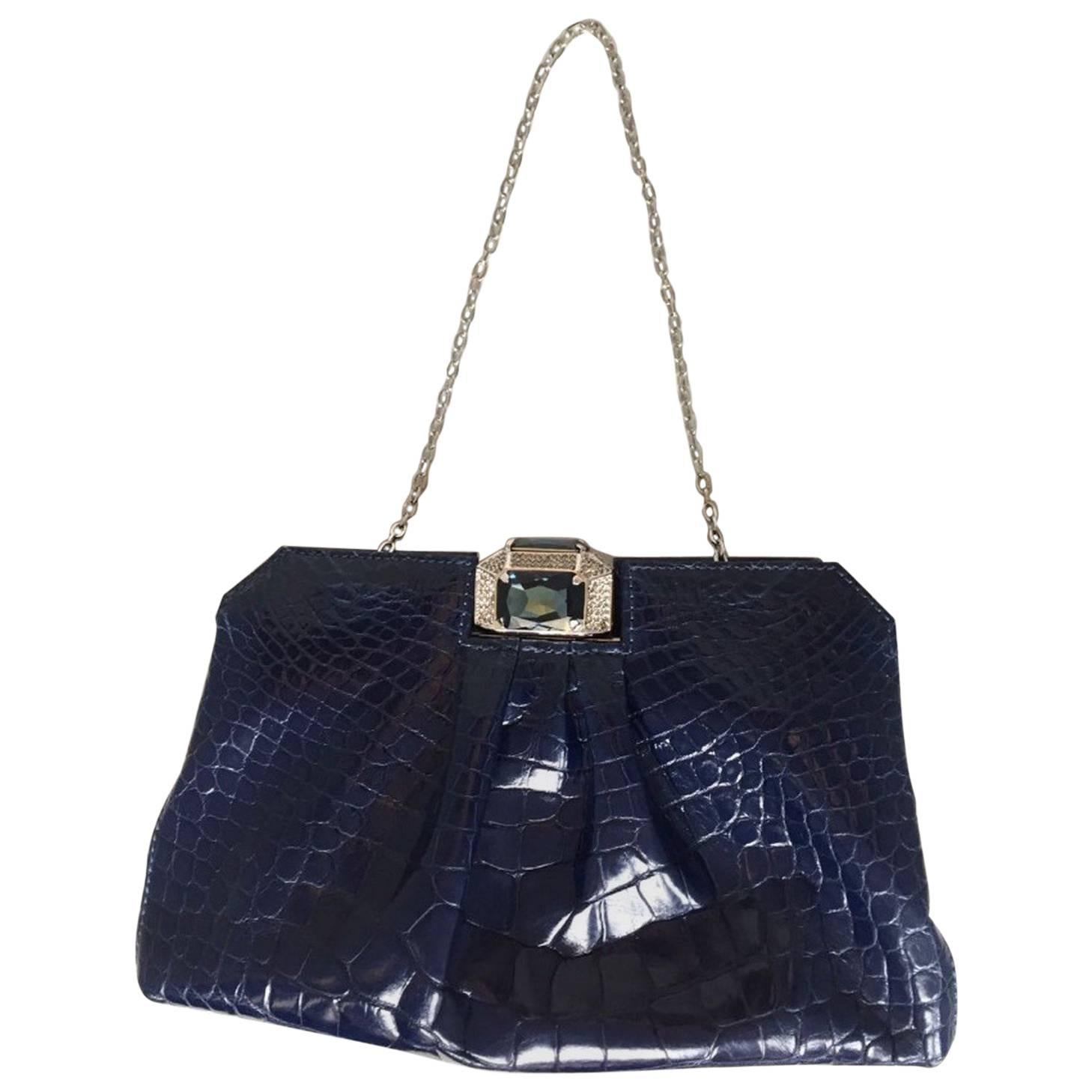 Stunning Valentino Alligator Blue and Swarovski crystals Clutch or Evening Bag