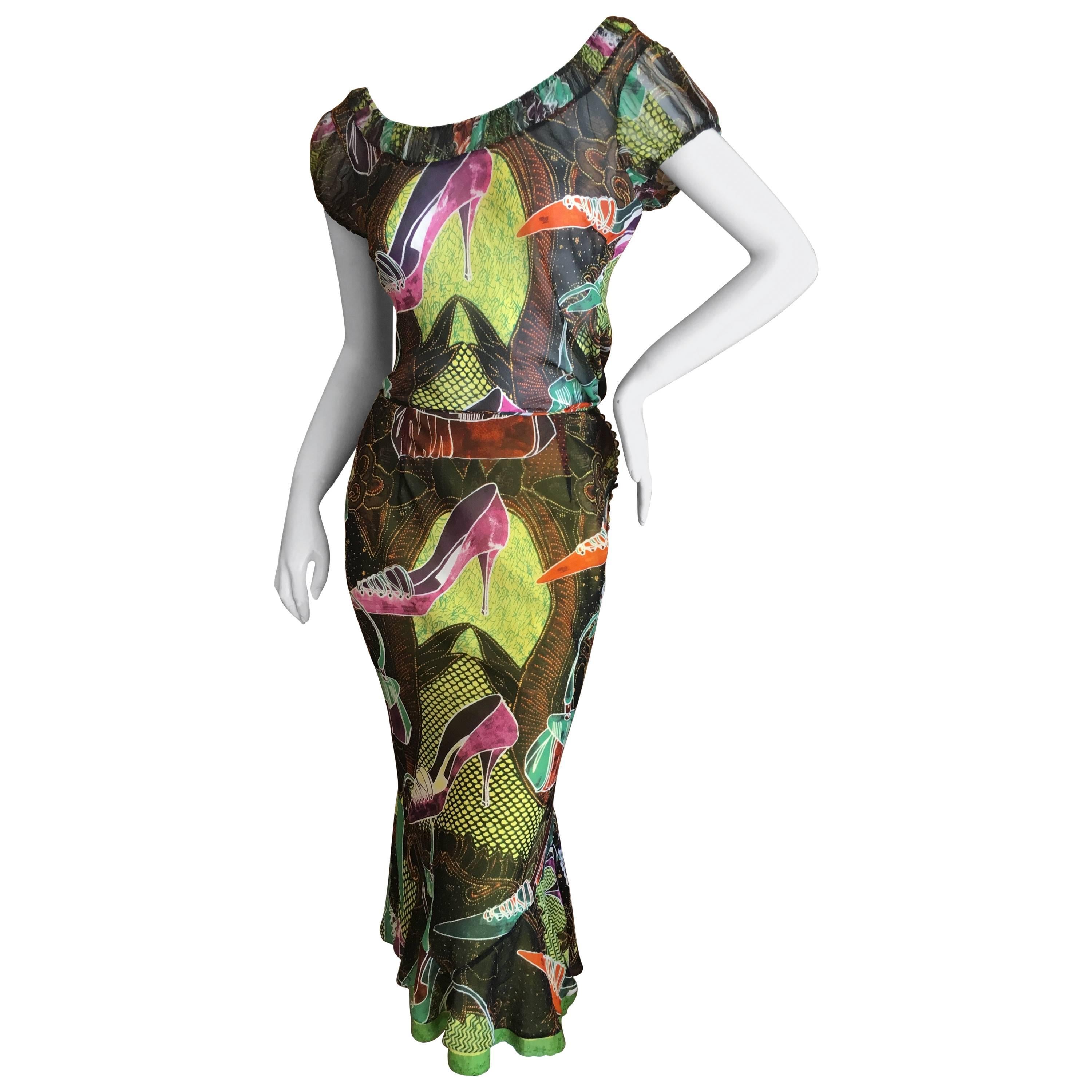 John Galliano Vintage Spring 2002 Charming Shoe Sketch Silk Dress in Two Pieces For Sale